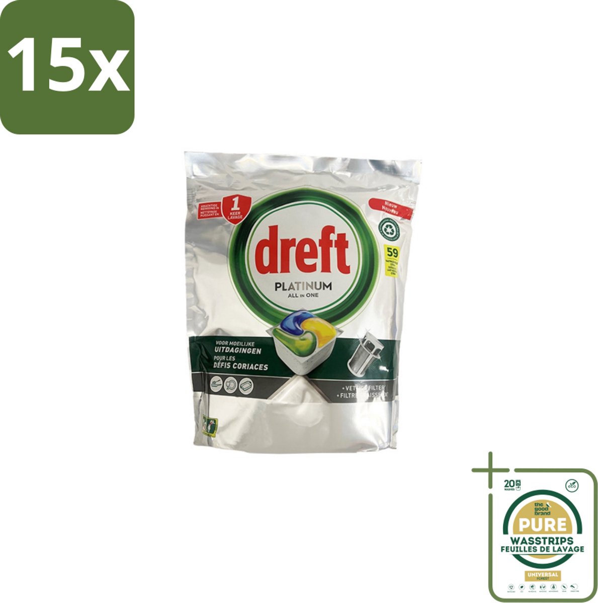 15 x Dreft – Vaatwastabletten – All-in-One Platinum – Lemon – 59 Tabletten - Grootverpakking - Vaatwastabletten - Vaatwasser - Vetverwijderen - Glasbescherming - Citroengeur