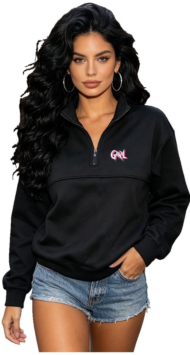 Currero Quarter Zip Dames Sweater Met Rits Jumper Quarterzip Hoodie Warme Trui Vest Lang Coltrui Zwart