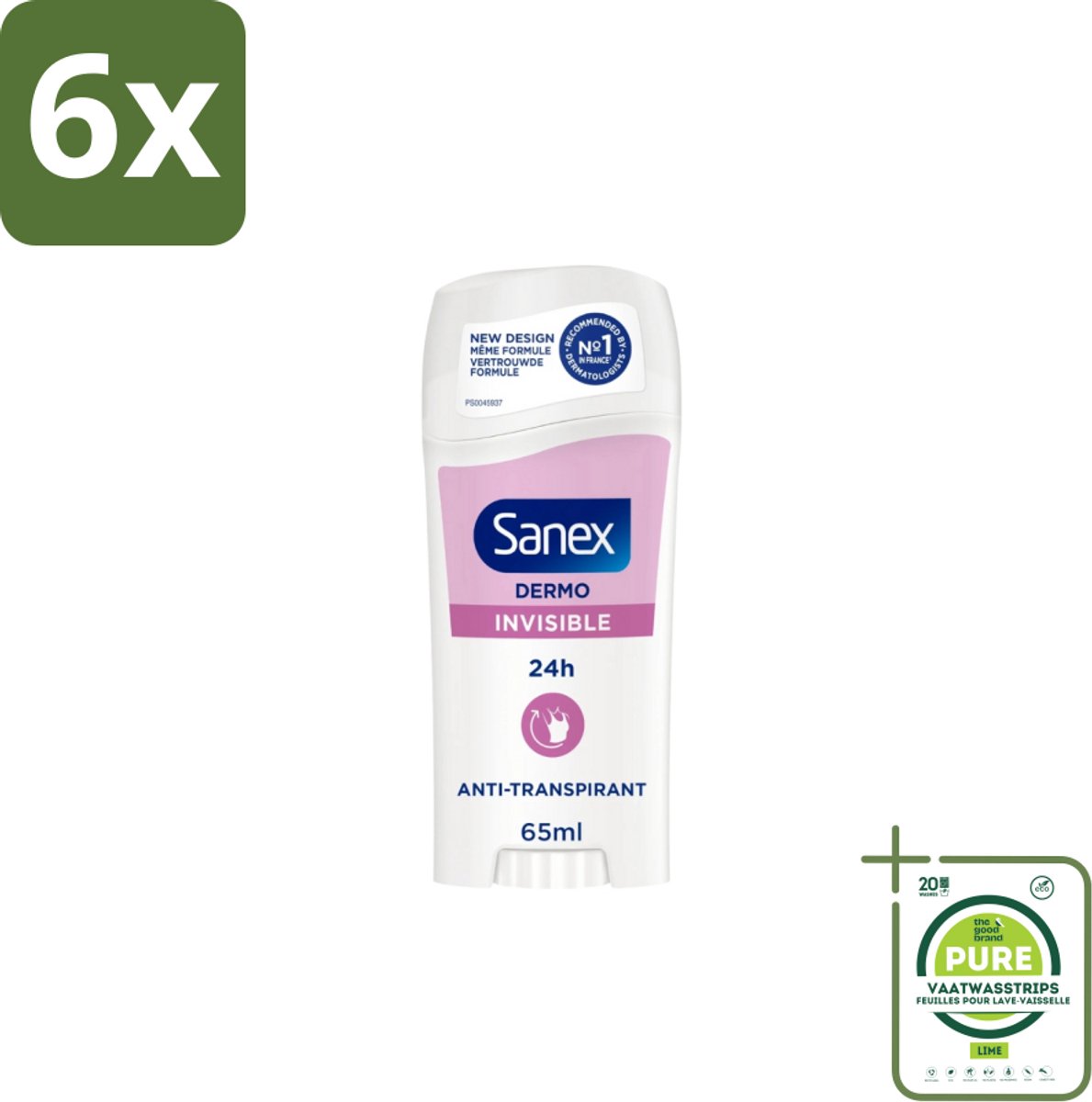 Sanex – Deodorant Stick – Dermo Invisible – 65 ml - Voordeelverpakking - 6 stuks - Onzezichtbare deodorantstick - Deodorantstick