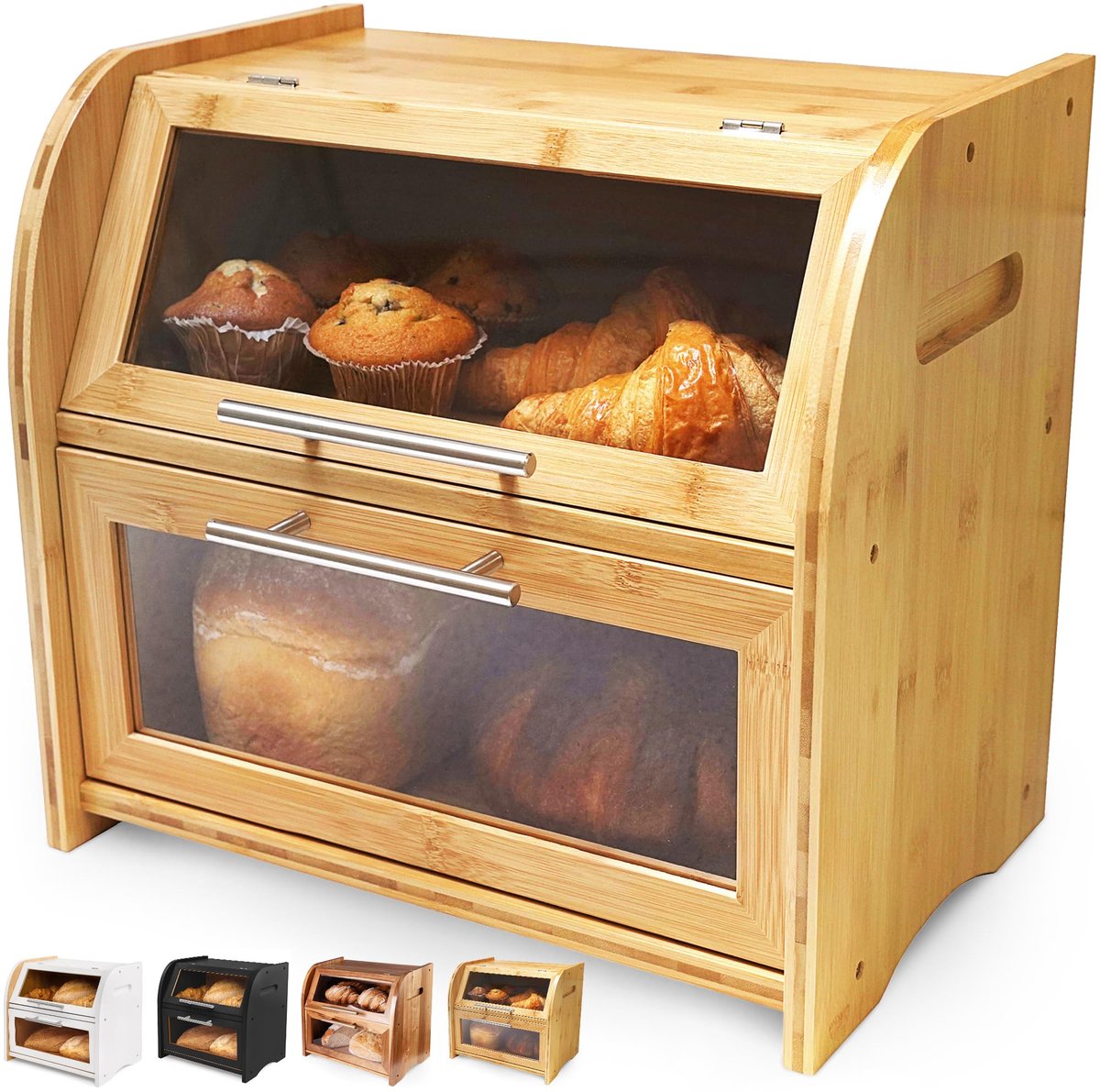 Famanu – Stijlvolle broodtrommel voor op het aanrecht, extra grote houten brooddoos met 2 planken, doorzichtige ramen en ventilatieopeningen, houdt brood, bagels en broodjes vers, 40 x 26,4 cm