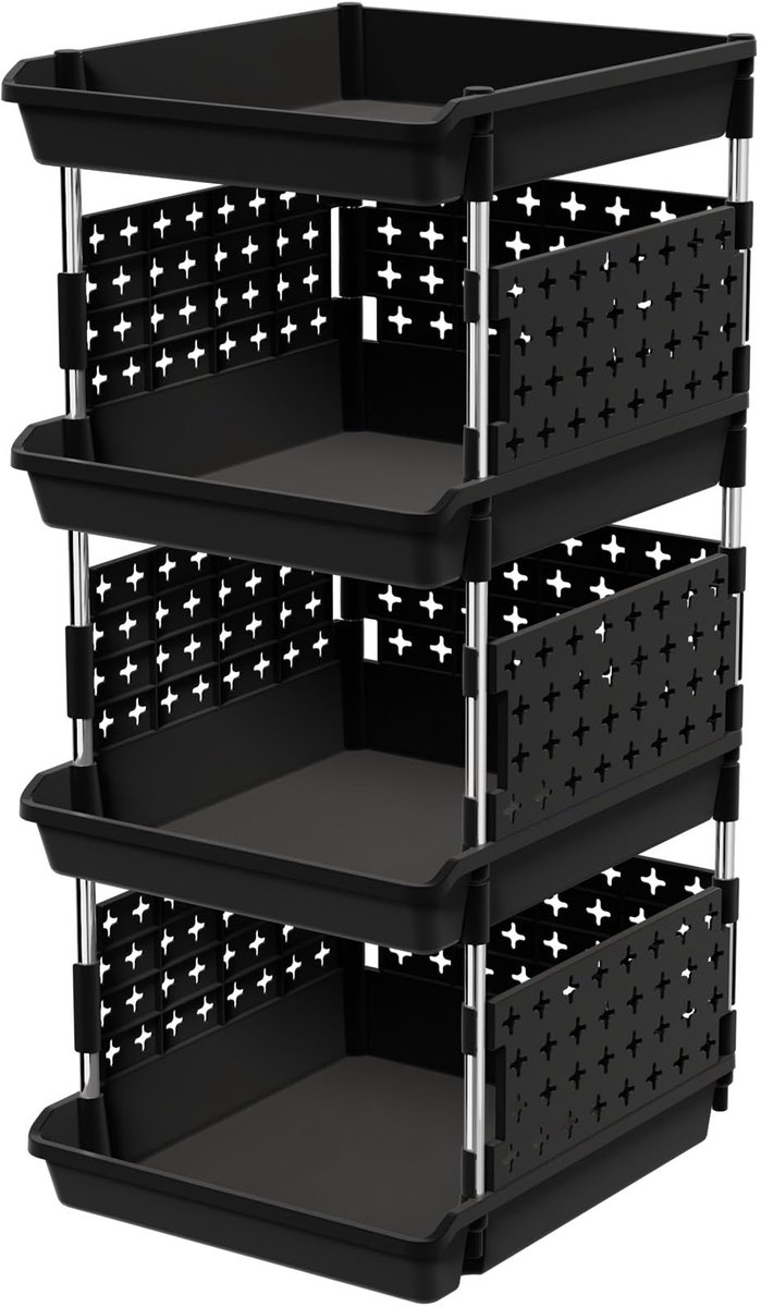 Famanu – Stapelbare opbergdozen, 4 niveaus plastic opbergrek voor garderobe, keuken groenten, kast opbergmeubel, zwart, 35 x 30 x 72 cm