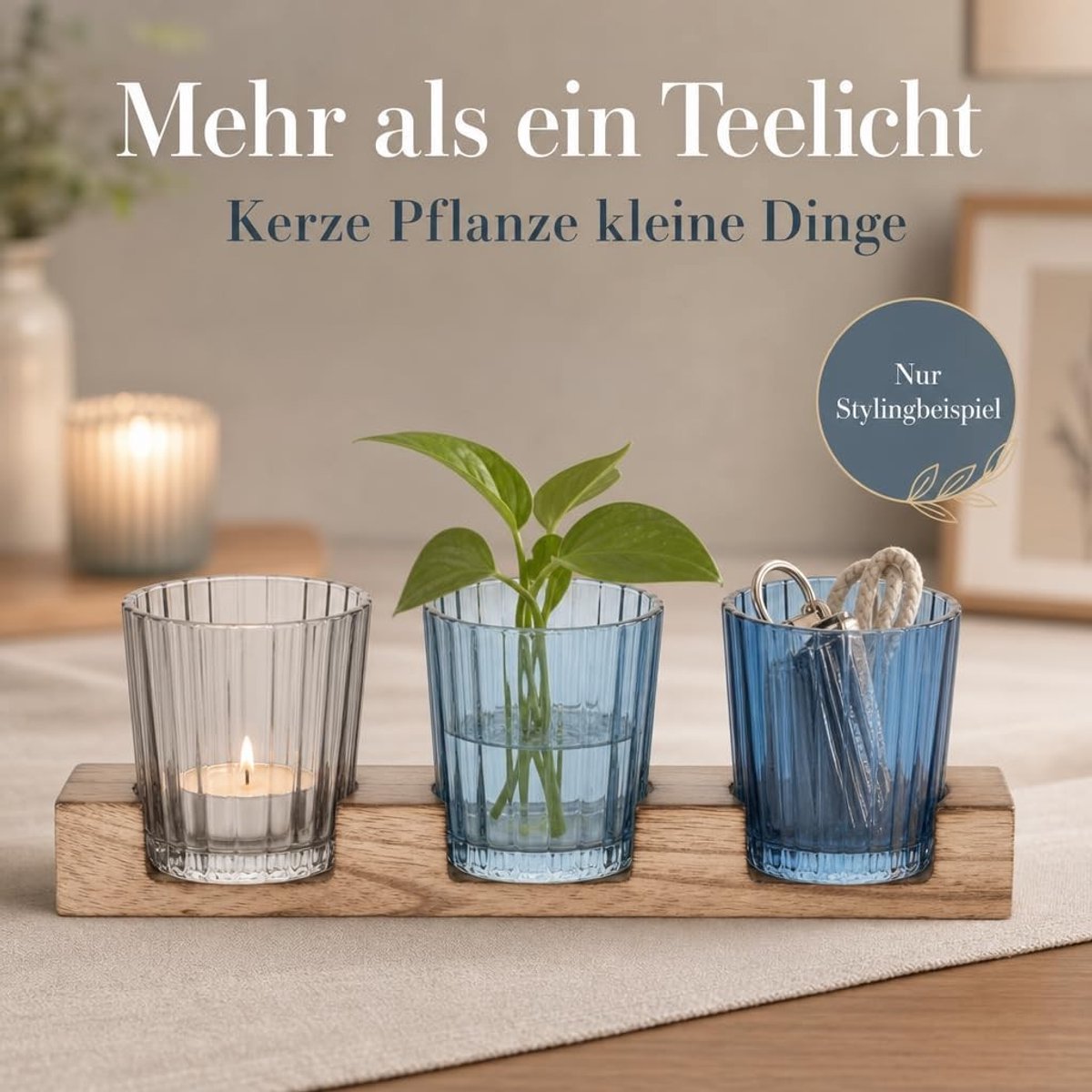 Windlicht van glas - Taupe, Lichtblauw, Blauw - 34 x 4,5 x 2,5 cm - Houten Dienblad met 3 Geribbelde Theelichthouders - Voor Binnen