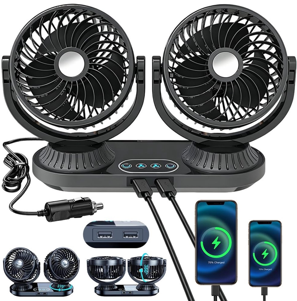 Solidchoice - 12V/24V Auto Ventilator met 2 USB Poorten