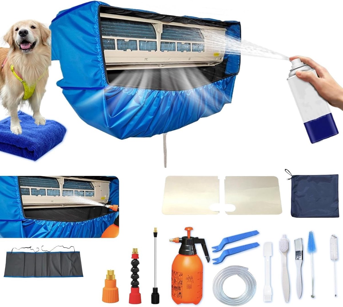 Mini airco - Donkerblauw - 25 x 16 x 16 cm - PVC Reinigingsset met Waterkoker - Voor Mini-Split en Split-Airconditioners