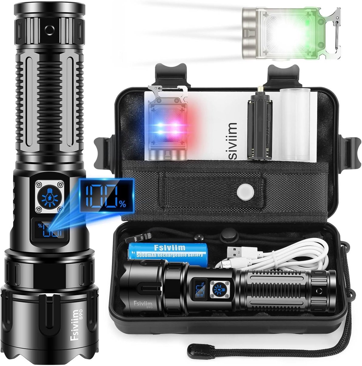 Militaire zaklamp - Zilver - Oplaadbaar, 5000mAh batterij - Aluminiumlegering, waterdicht - Voor outdoor en noodgebruik