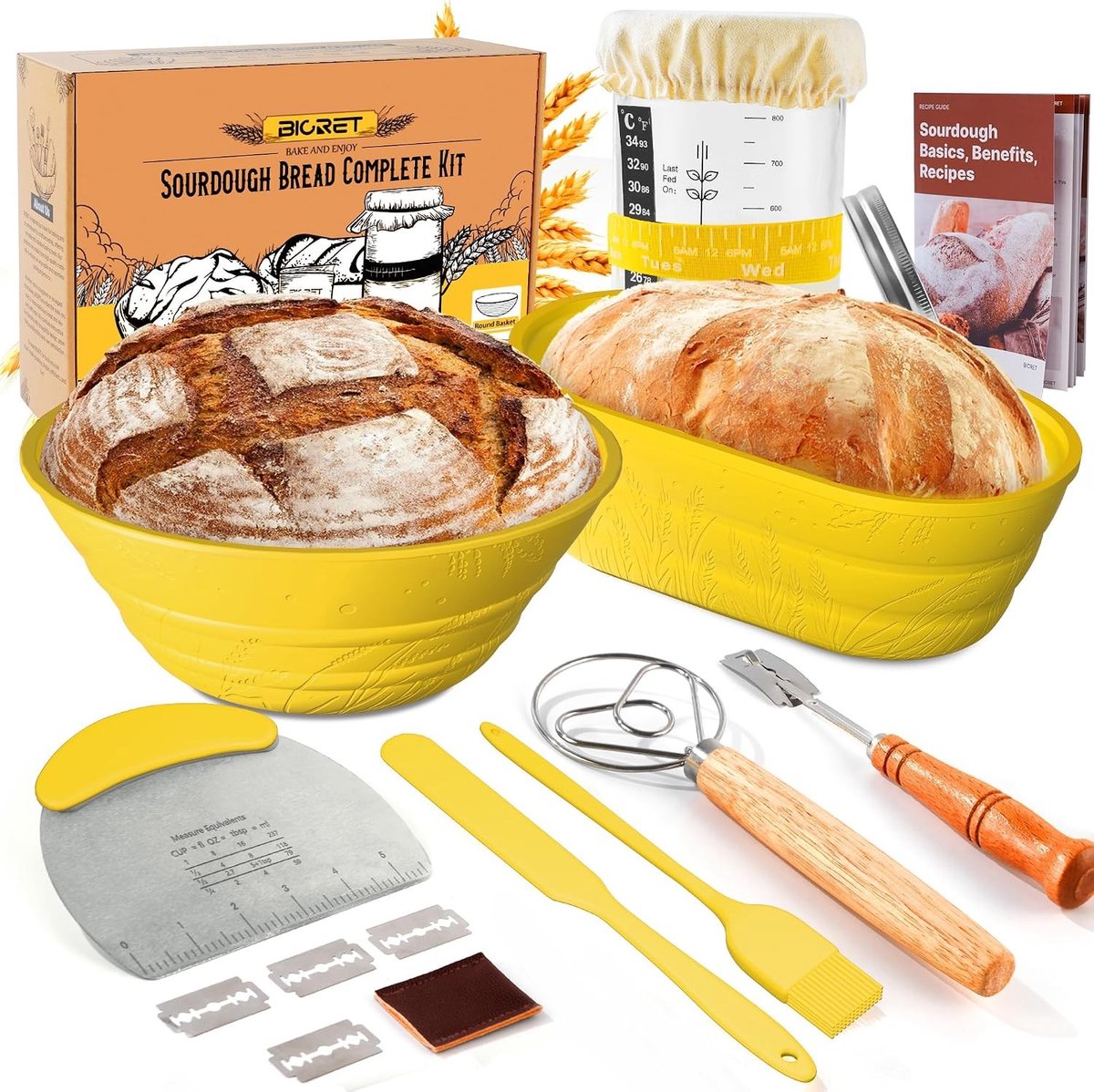 Zuurdesem starterset - Geel - Compleet met siliconen proofing manden en bakaccessoires - Voor beginners en professioneel gebruik