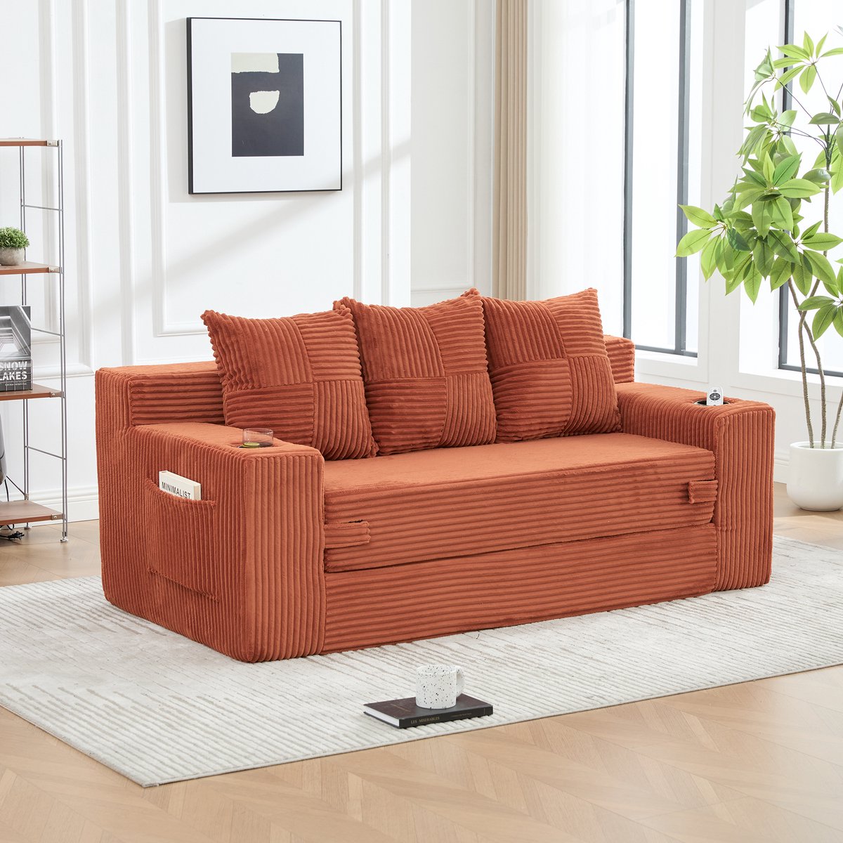 MIVRAY Zitbank 172 Cm - Modulair 3 Zits Ontwerp Met Bekerhouders En Zijvakken - Voor Woonkamer En Appartement - Ribfluweel Oranje