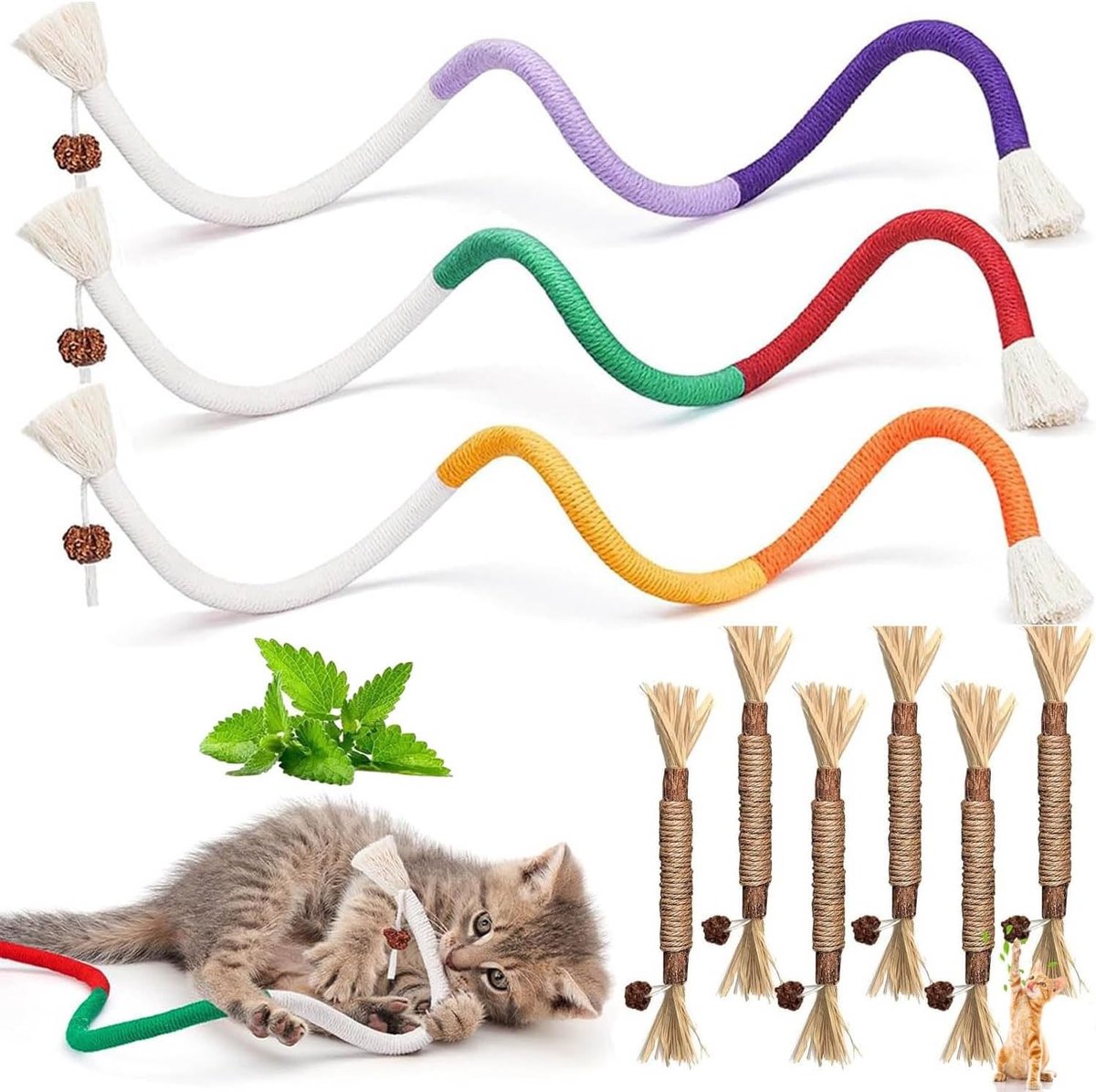 Voerpuzzel voor kat - Natuurlijke Kattenkauwspeeltjes - Set van 9 Stuks - Katoen en Silver Vine - Voor Katten van Alle Leeftijden