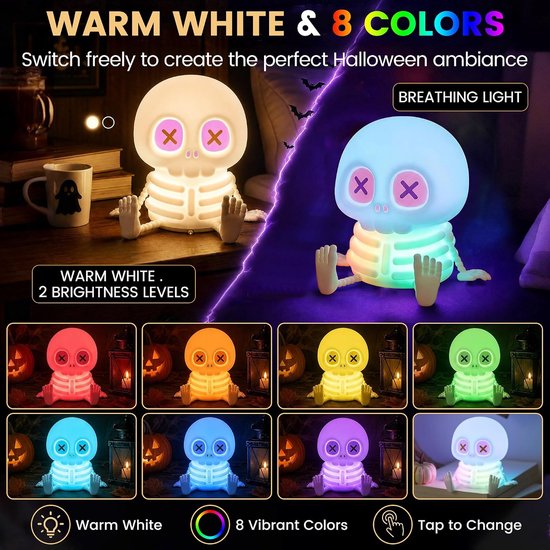 Schedel nachtlampje, knijpbaar siliconen met antipp-functie, warmwit en 7 kleuren RGB, BPA-vrij, blauw lichtvrij oogvriendelijk nachtlampje voor babyvoeding, kinderkamerdecoratie, camping [Energieklasse F] — afbeelding 3