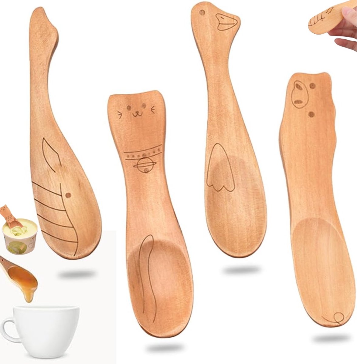 Set van 4 stuks - Houten jamlepel - Schattige mini houten lepel - IJsschep met cartoonhandvat - Herbruikbare roerlepel - Houten honinglepel - Kruidenlepel - Geschikt voor honing, crèmes, thee en specerijen