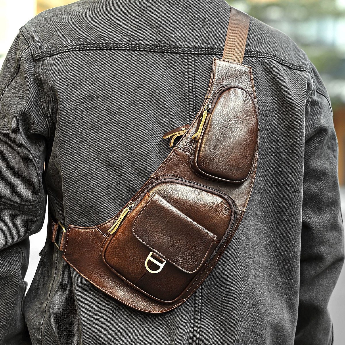 Leren borsttas voor heren - Retro schoudertas, crossbody sling tas voor dagelijks gebruik, reizen en buitenactiviteiten -Koffie