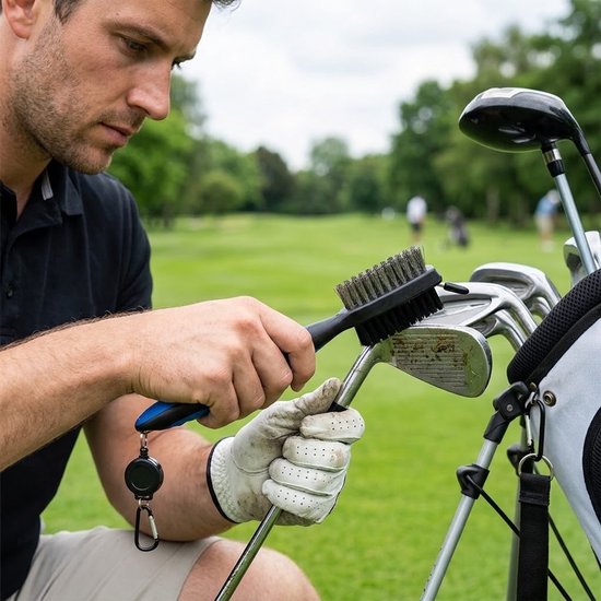 Blauwe golf schoonmaak borstel golf club reinigingsborstel unisex dubbelzijdige club reiniger met nylon en staal haren uitschuifbaar trekkoord karabijnhaak golf accessoire voor golf clubs en clubhoofden — afbeelding 4