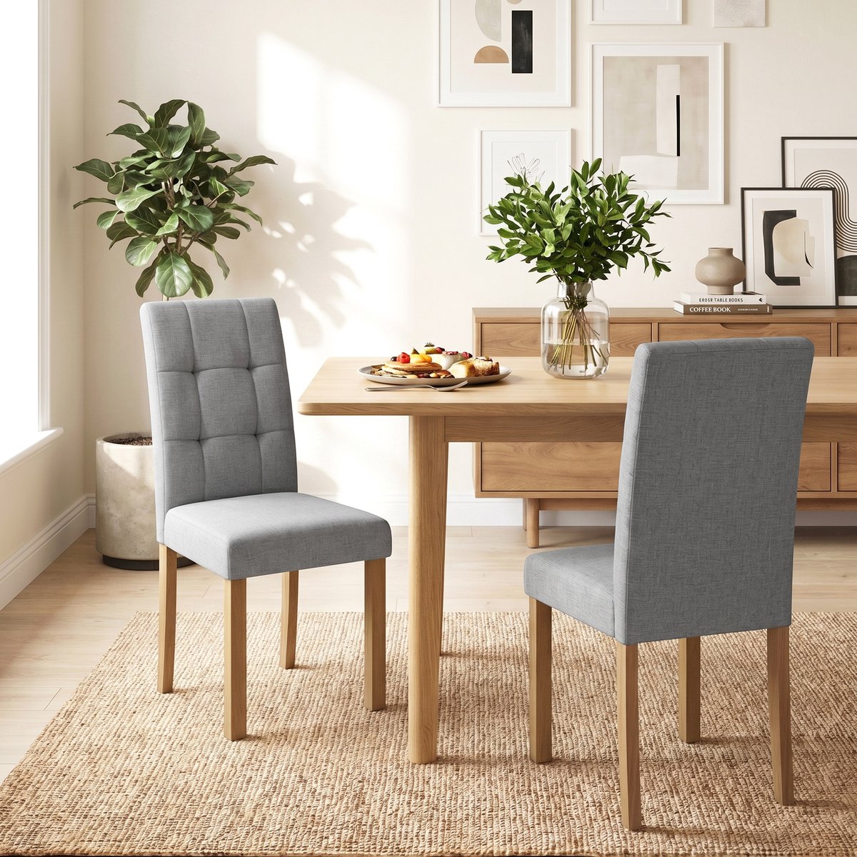TEKROA® Eetkamerstoel - Set van 2 eetkamerstoelen - moderne keukenstoelen - met gewatteerde zitting in linnenlookstof - lichtgrijs