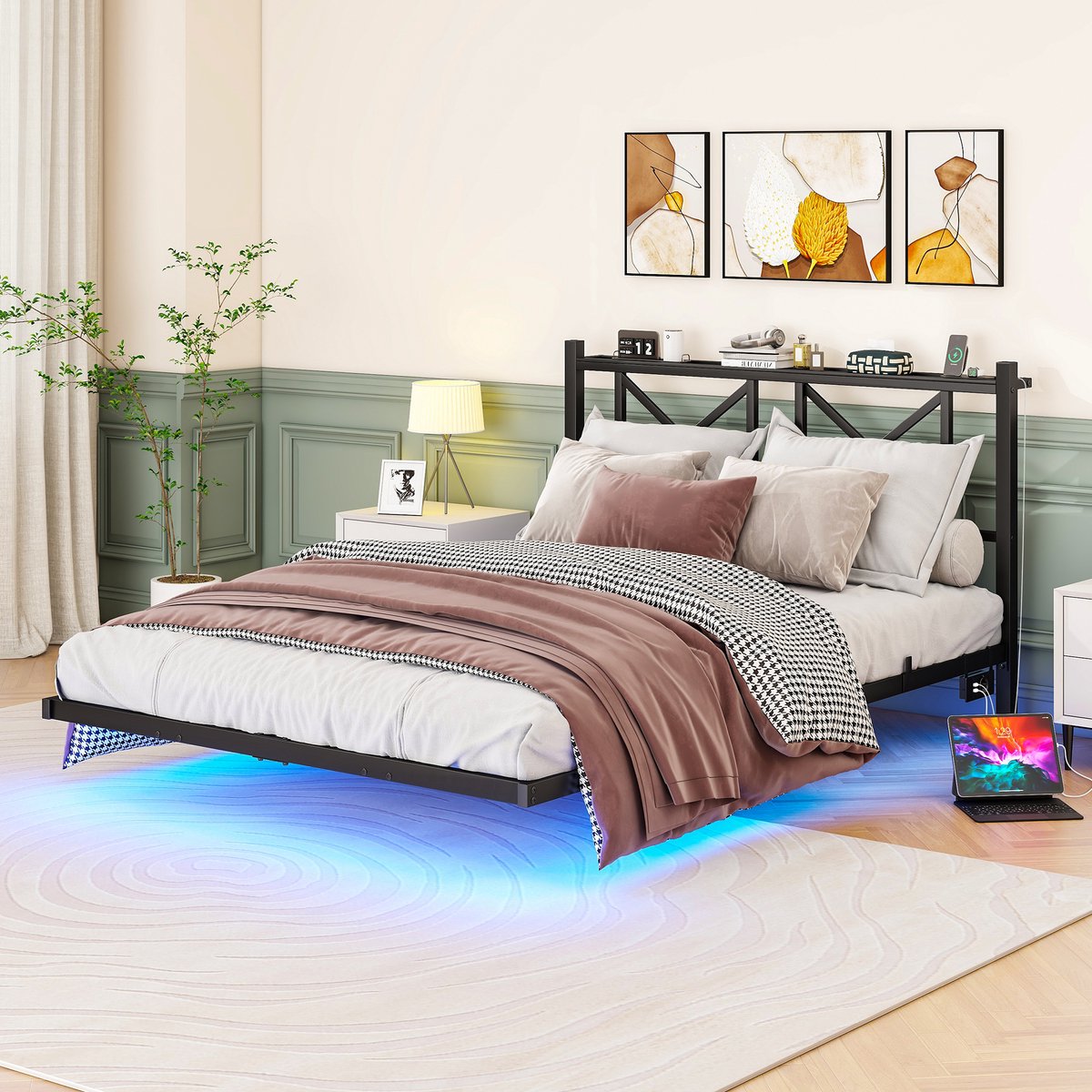 DESMIU Bedframe 140x200 cm – Zwevend Met LED En Oplaadstation – Hoofdbord Met Opbergruimte – Voor Volwassenen – Metaal – Zwart Zonder Matras