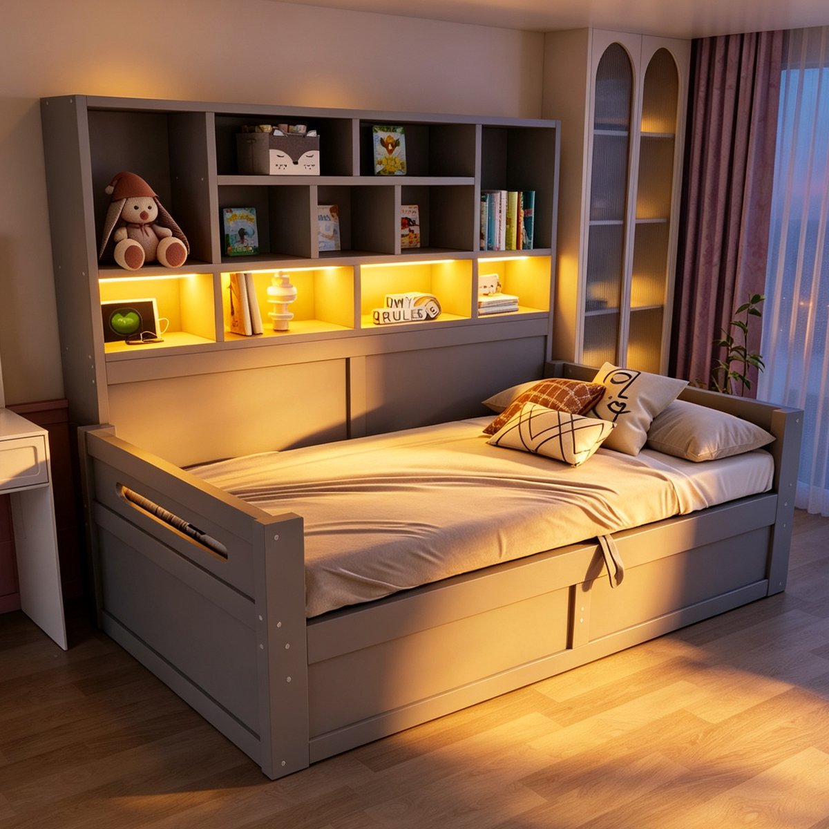 STILVORA Slaapbank 90 x 200 cm – Bed met LED-verlichting en stekkerdozen – Hoofdeinde met opbergruimte en lades – Voor tienerkamer – MDF – Grijs Zonder matras