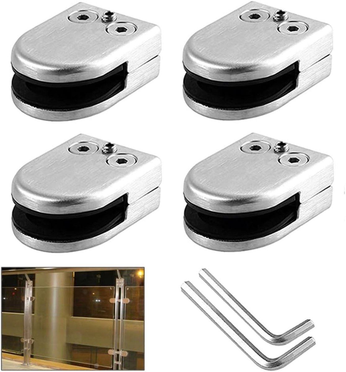 Set van 4 Verstelbare Glasklemmen van 8-10mm, RVS Glasklemmen voor Balustrades en Leuningen, Duurzaam en Veilig