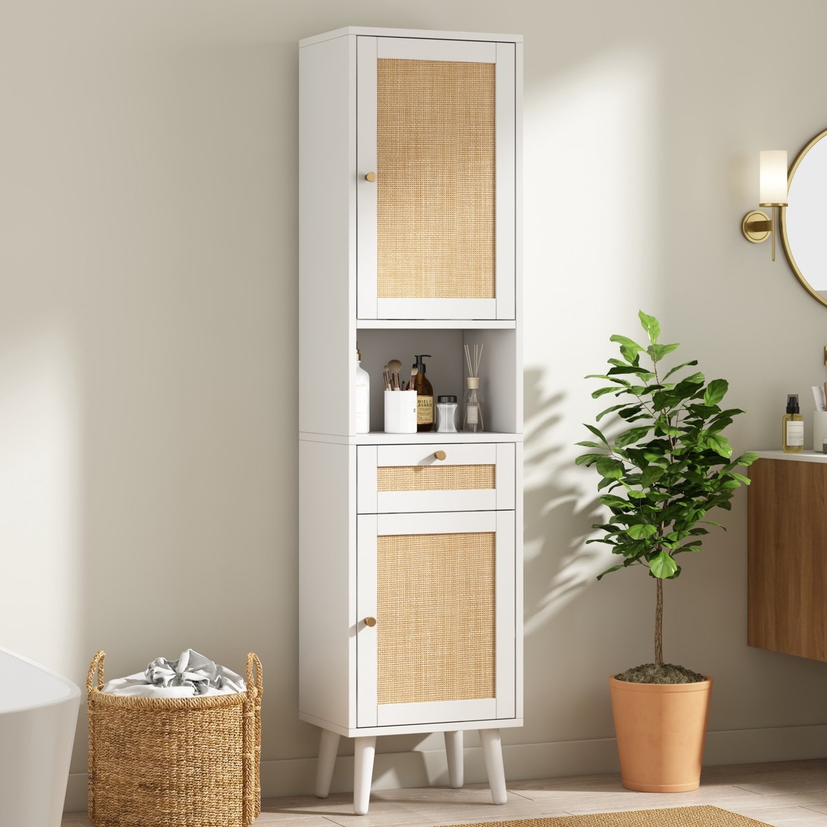 OKWISH Badkamer Hoge Kast – Vrijstaand – Rattan Deuren – Met Lade En Open Vak – Soft-Close En Magnetische Sluiting – Wit – 40×30×166 Cm