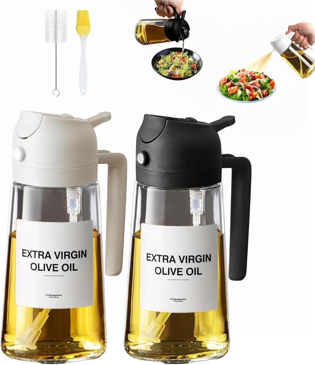Olijfoliesprayer - Zwart-Wit - 470 ml - Glas 2-in-1 Spray- en Gietfles - Voor Koken en Barbecue