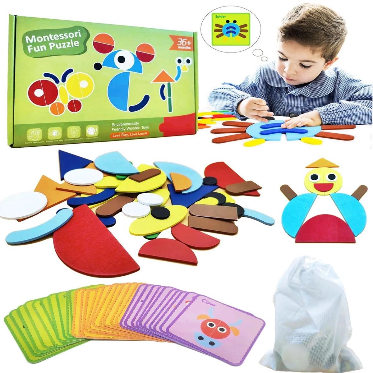 Casalora Tangram Puzzel Hout – Montessori Speelgoed – Geometrisch Bouwspel met 30 Kaarten – Educatief Denkspel voor Kinderen van 3-7 Jaar – Logisch Denken, Creativiteit & Concentratie
