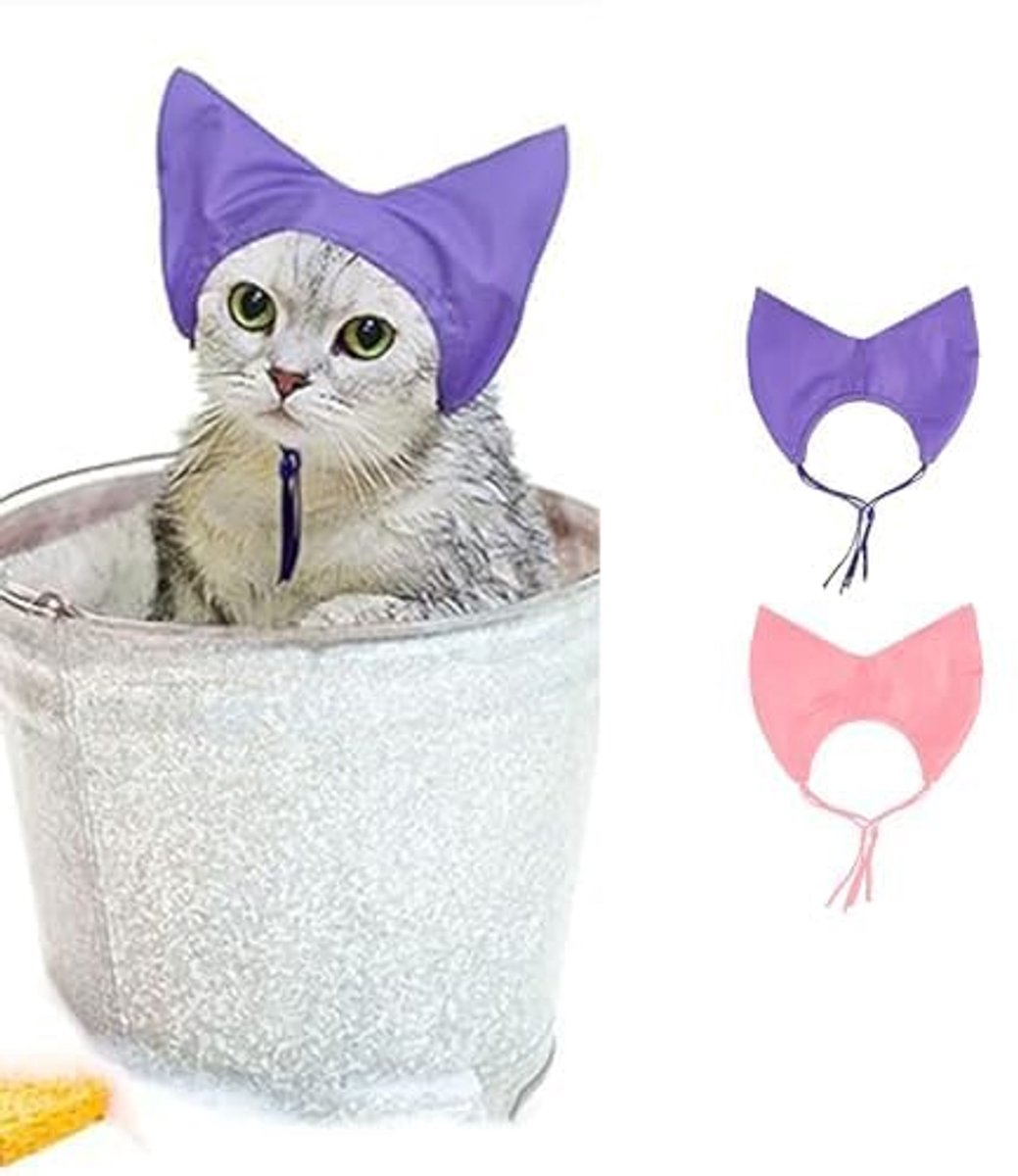 Namajunas - 2-stucks Huisdierhoedje voor katten - 16x15x12cm - Bescherm je oren - Douchemuts - Voor wassen, zwemmen en regen - Paars - Roze - Alledaags Draagcomfort - Knuffelzacht