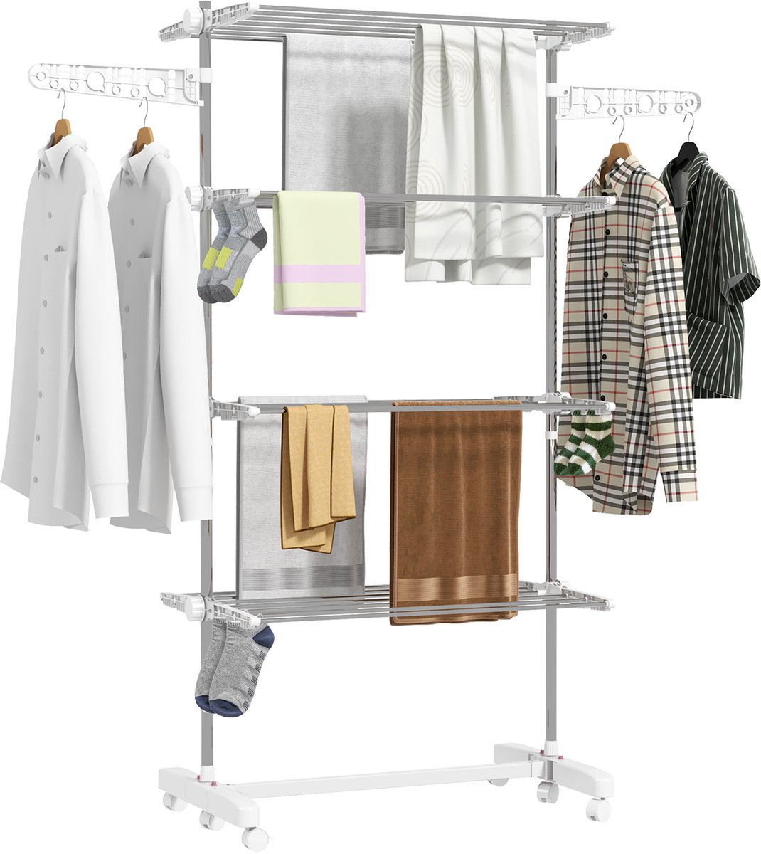 Droogrek Verticaal Vouwbaar - 6 wielen - 4 verstelbare planken - Ruimtebesparend - Afmetingen 142x55x172 cm - Materiaal staal en kunststof