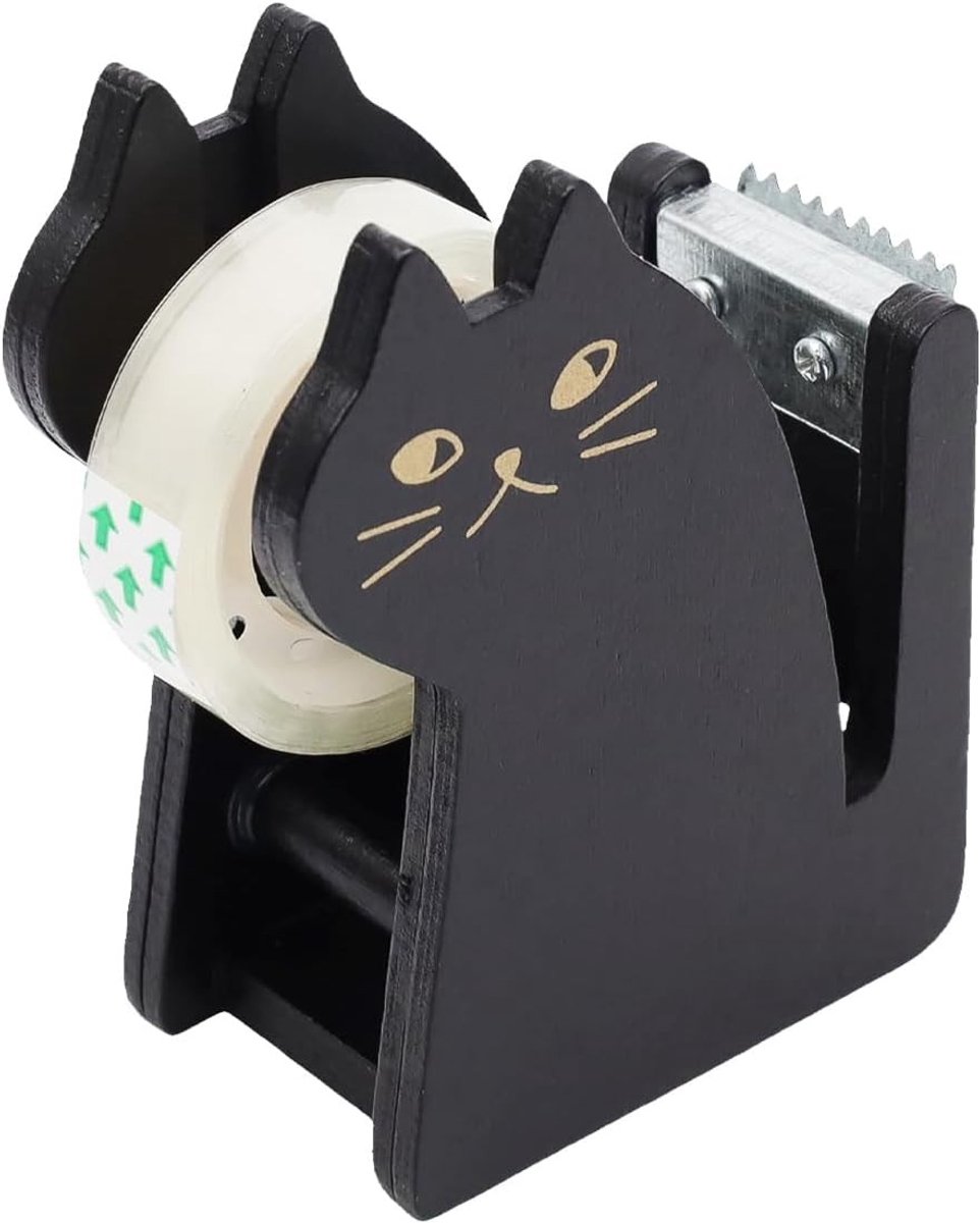 Plakbanddispenser - Zwart - 9 x 8 x 3,8 cm - Houten Katvormige Dispenser - Voor Kinderen