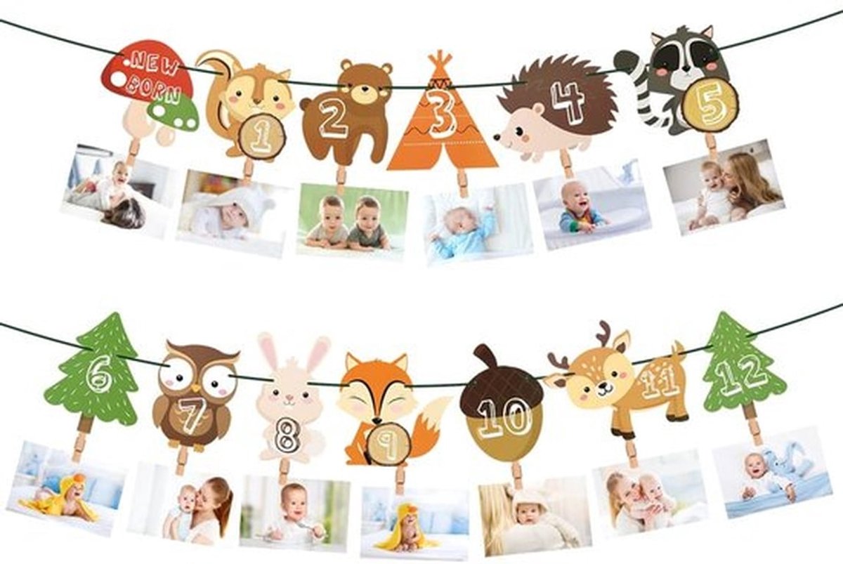 Fotoslinger met verlichting - Dierenkaarten - Houten knijpers - Decoratie voor babyverjaardag - Mijlpaalslinger - Eenvoudige bevestiging - Fotogirlande