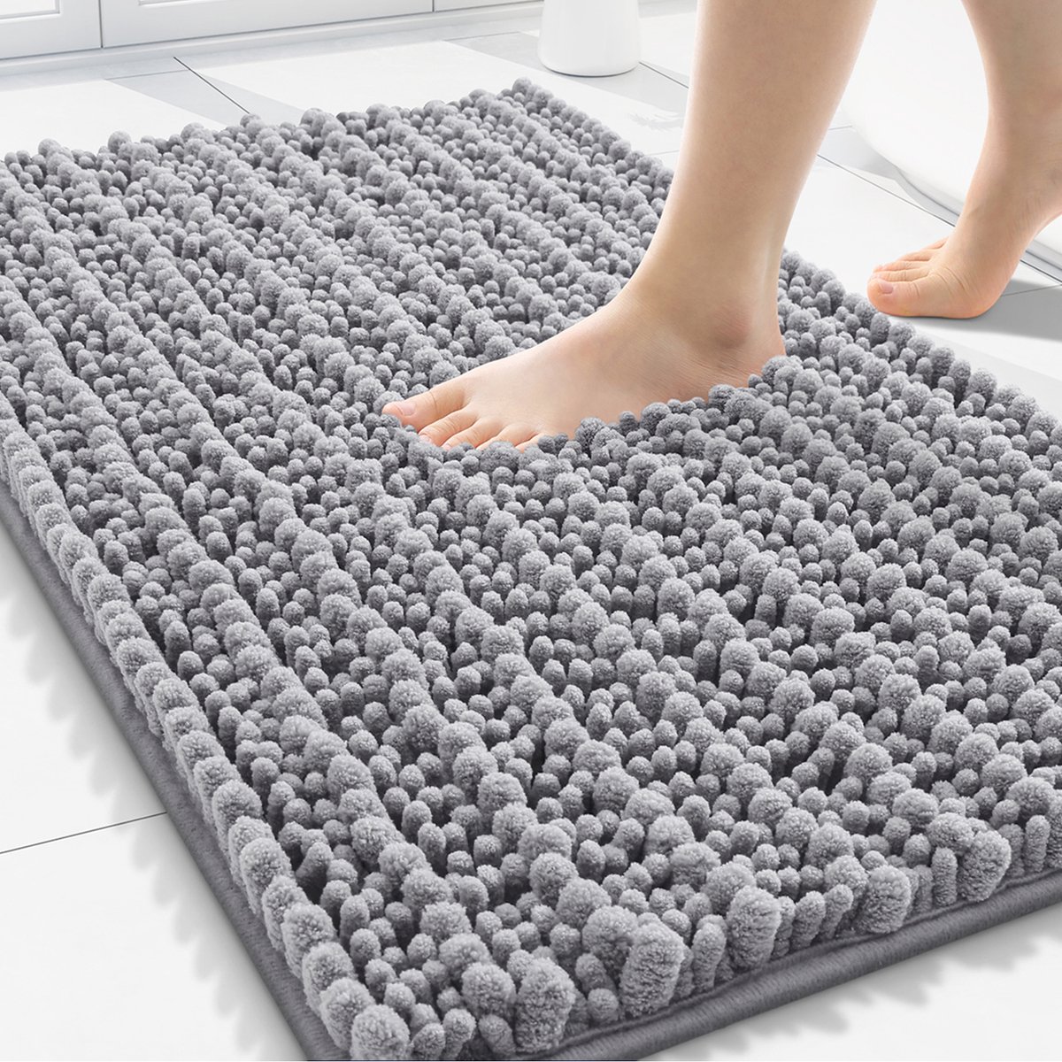 Olanly Badmat Antislip – Chenille Douchemat – Badmat Badkamer – Dik, zacht en absorberend – Middelgrijs – 50X76cm