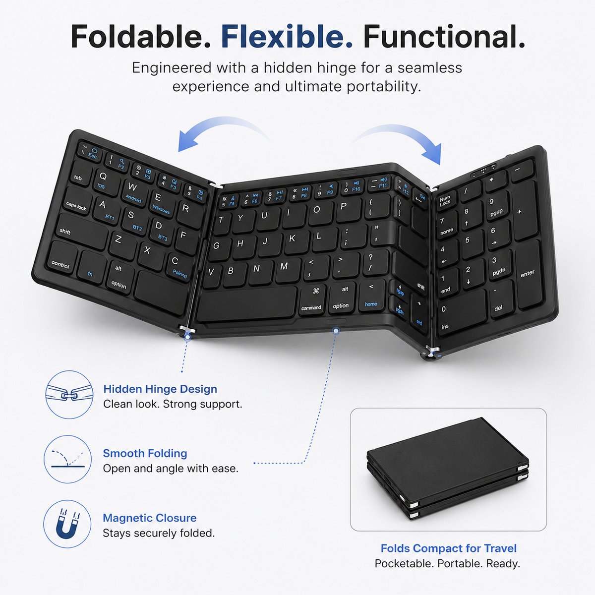 Opvouwbaar Toetsenbord - Bluetooth Keyboard - Stabiele Verbinding - Stom - Lange Batterijduur - Voor Tablet Smartphone Laptop Pc Ios Android (zwart) — cadeau in Elektronica - foto 4