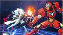 Spider-Man, Storm, Ghost Rider, een rood-gouden robot en Captain America vechten in de ruimte met blauwe lichtstralen.