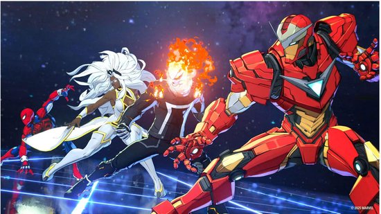 Spider-Man, Storm, Ghost Rider, een rood-gouden robot en Captain America vechten in de ruimte met blauwe lichtstralen.