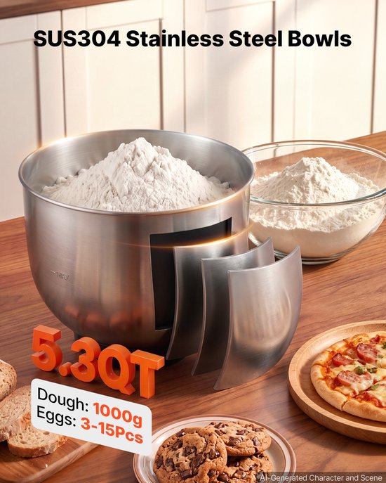 VEVOR Elektrische Staande Mixer 5L 1000W Deegmachine voor Koekjesdeeg en Crème, Deegkneedmachine met 10 Snelheidsinstellingen, SUS304 Mengkom, Kantelbare Kop, Spatbescherming en Antislipvoetjes, Rood van Vevor — afbeelding 4