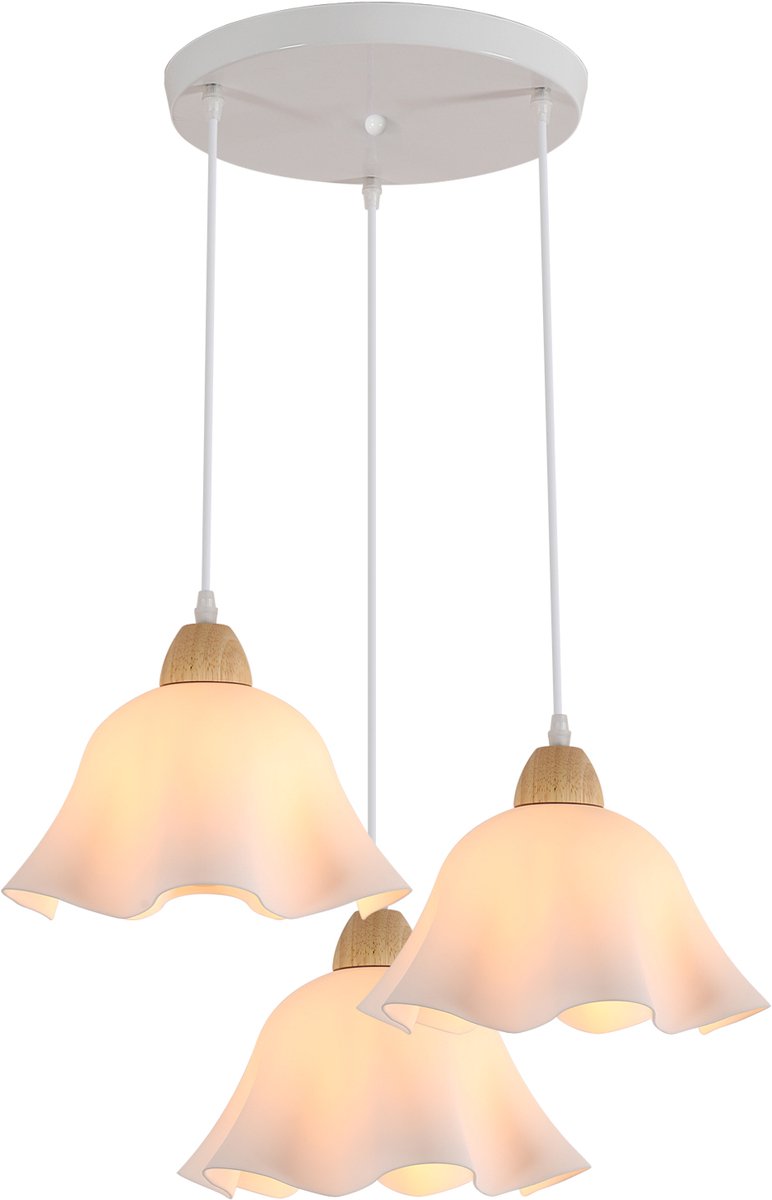 Riserva Hanglamp modern minimalistisch bloemvormig wit, hout‑ijzer‑acryl, 3‑lichts E27 fitting max 60W zonder lamp, verstelbare kabel 1,2m, voor woonkamer slaapkamer eetkamer studeerkamer keuken