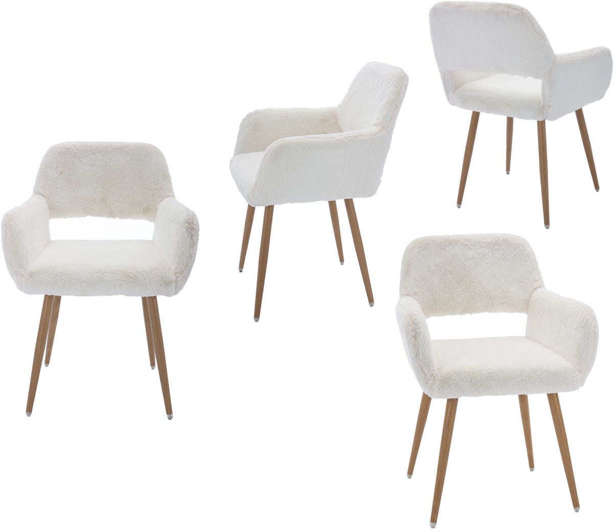 Luxe Eetkamerstoel - Set Van 4 met Teddy Stof en Open Rug - Wit