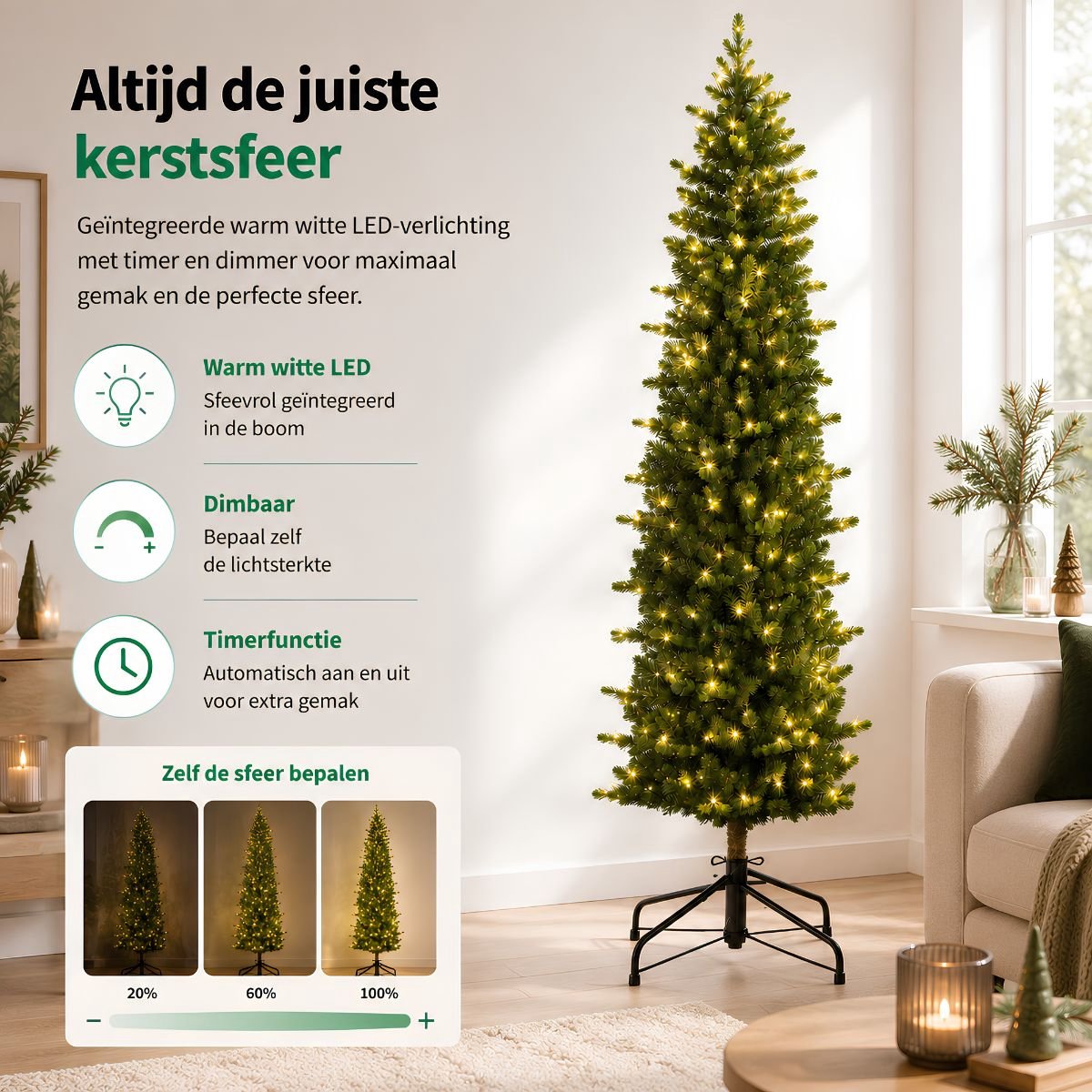 Black Box Trees Harma Smalle Kunstkerstboom - Kerstboom met Verlichting met Timer- en Dimfunctie - Kerstversiering met Warm Witte LED's voor Binnen - H185 x Ø63 cm - Groen – foto 8