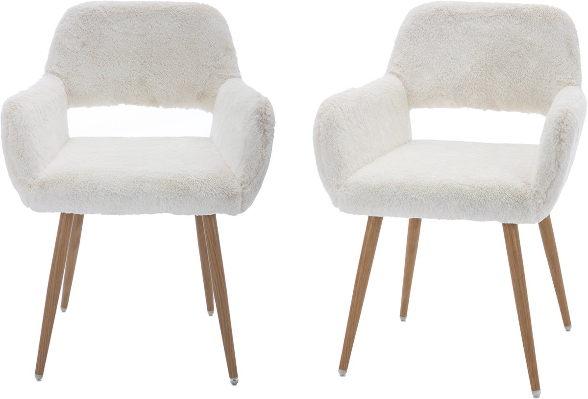 Luxe Eetkamerstoel - Set Van 2 met Teddy Stof en Open Rug - Wit