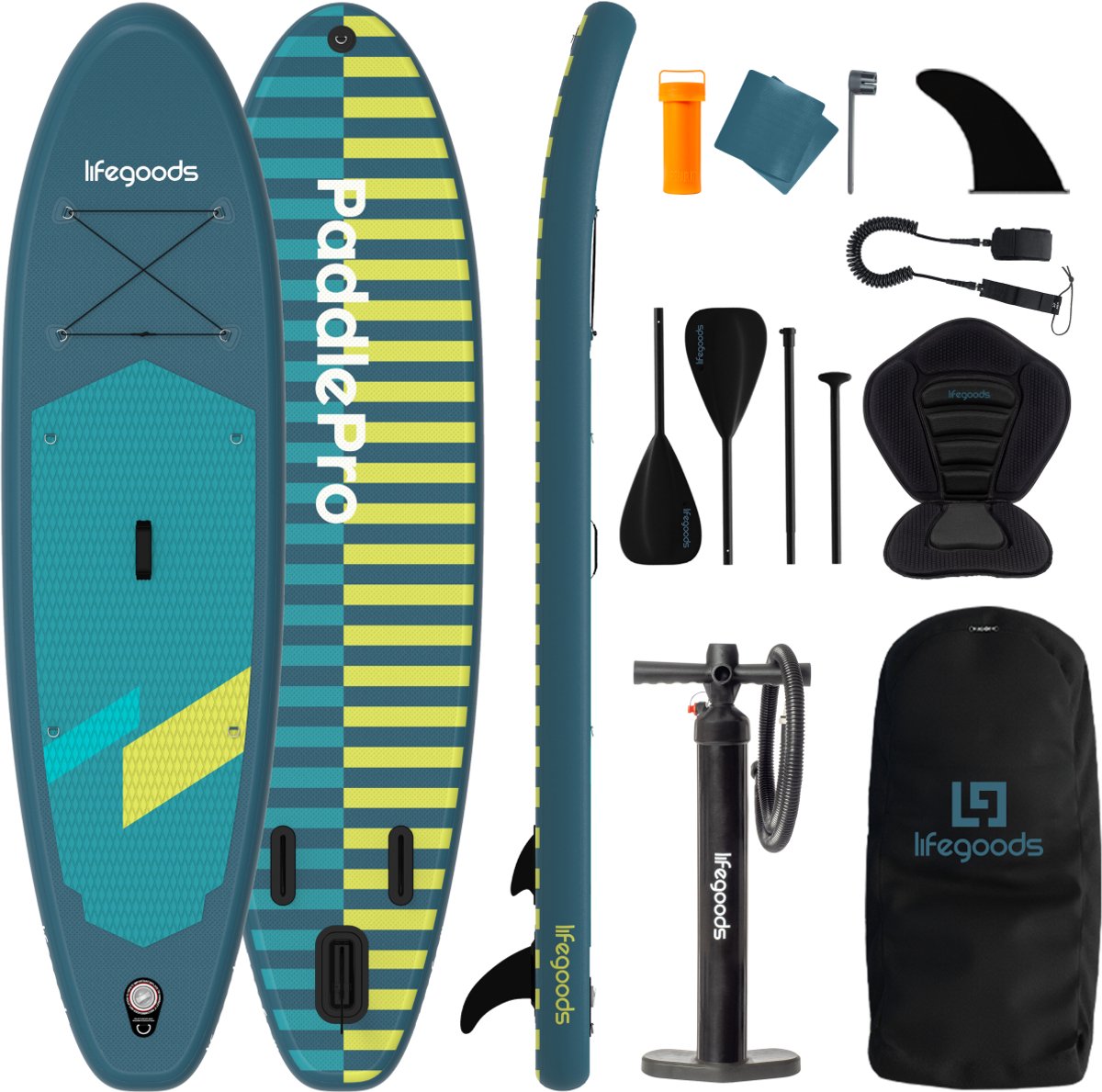 LifeGoods SUP Board Allround Compact - met Zitje - 120 KG Draagkracht - 300 x 76 cm - Opblaasbaar - Compleet SUP pakket - Cyaan/Donkergroen
