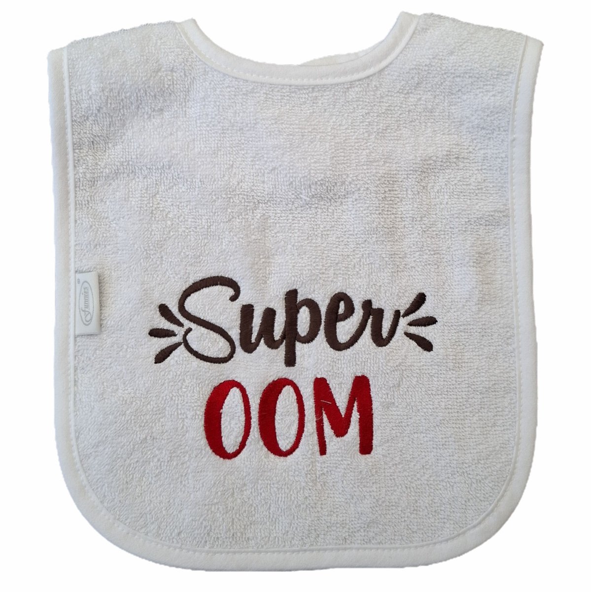Witte slab met "Super Oom" - kraamcadeautje, cadeautje, babyshower, verjaardag, nieuwtje, slabbetje, slabbertje, slabje