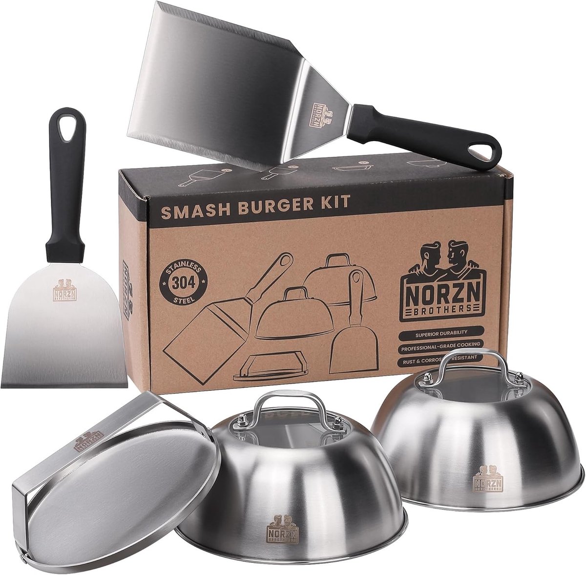 Plancha barbecue - RVS 304 - 15 cm - Smash Burger Kit met Koepels en Spatels - Voor Thuis en Professioneel Gebruik