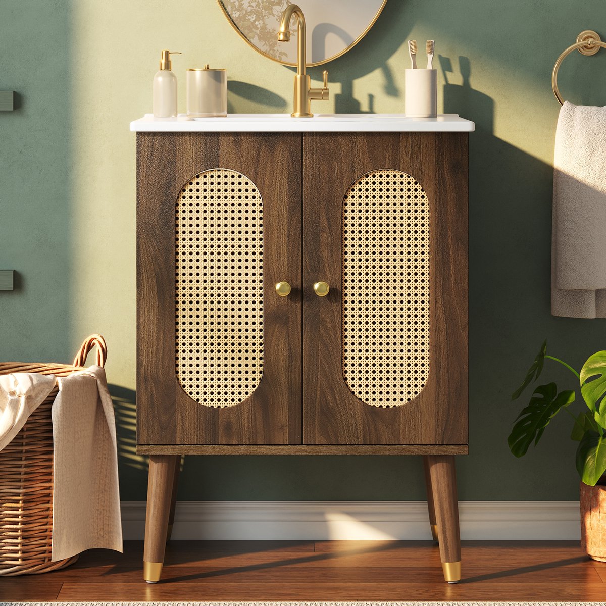 OKWISH Badkamermeubel - Wastafelonderkast 61 Cm - Rattan Draaideuren - Keramische Wastafel - Bohemian - Walnoot