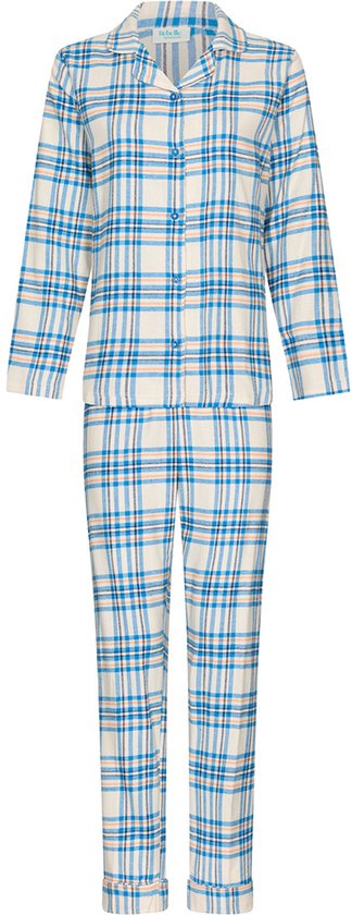 Klassiek pyjamapak met lange mouwen en broek, met een ruitpatroon in wit, blauw en beige.
