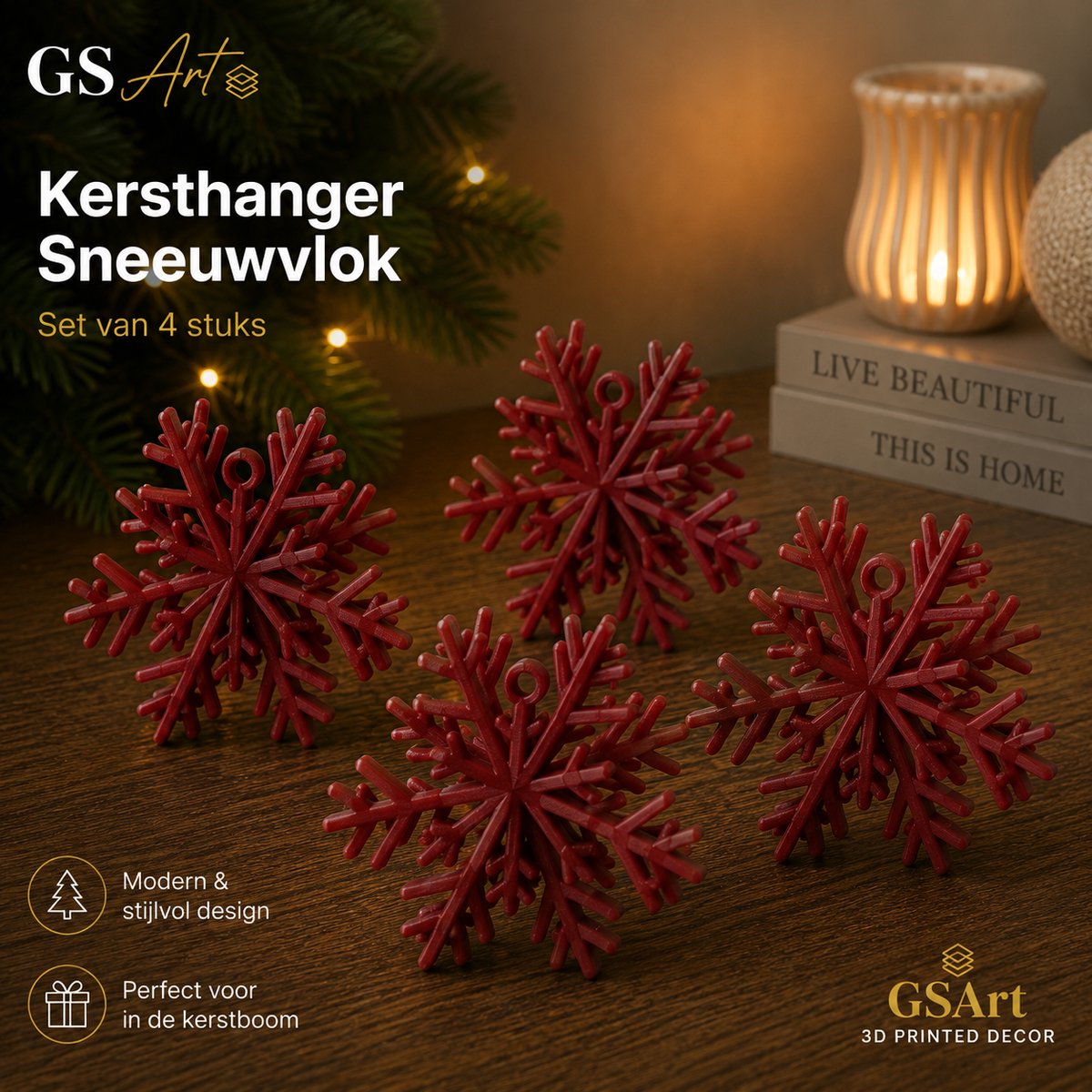 GSArt Kersthangers Sneeuwvlok – Set van 4 stuks - Mat Donker rood