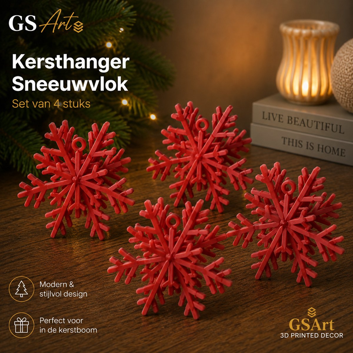 GSArt Kersthangers Sneeuwvlok – Set van 4 stuks - Mat rood