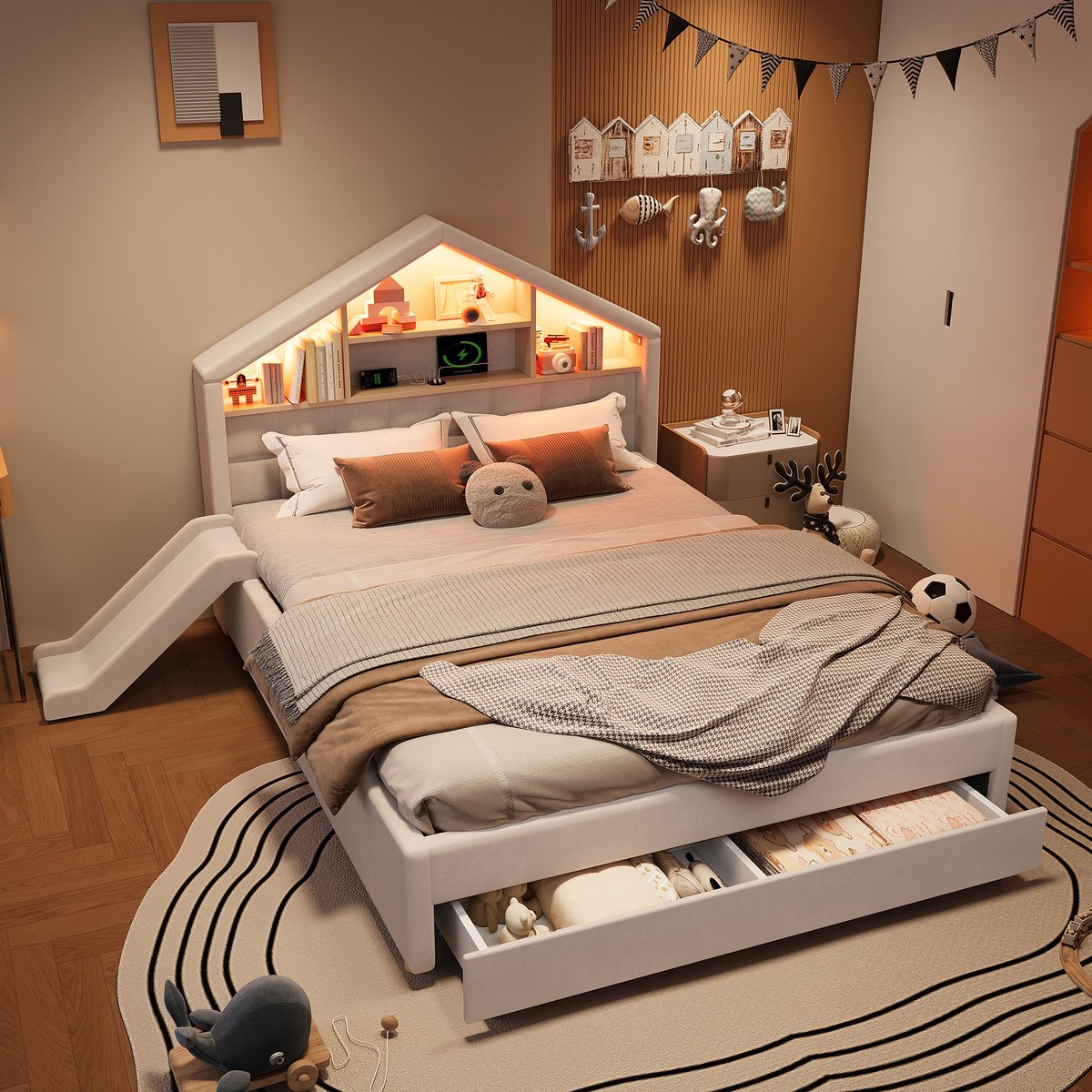 STILVORA Kinderbed 140x200cm Zonder Matras - Huisbed Met Glijbaan Links Of Rechts - LED Verlichting En Oplaadpunt - Opbergruimte - Beige