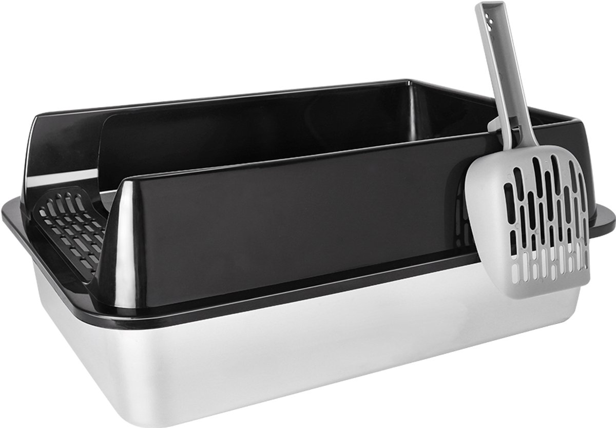 PIPIPOXER Kattenbak RVS -Kattentoilet Roestvrijstaal - Incl. Kattenbakschep met Houder - Geurvrij, Lekvrij - Open Kattenbak - Kattentoilet -40x60x30cm - zwart