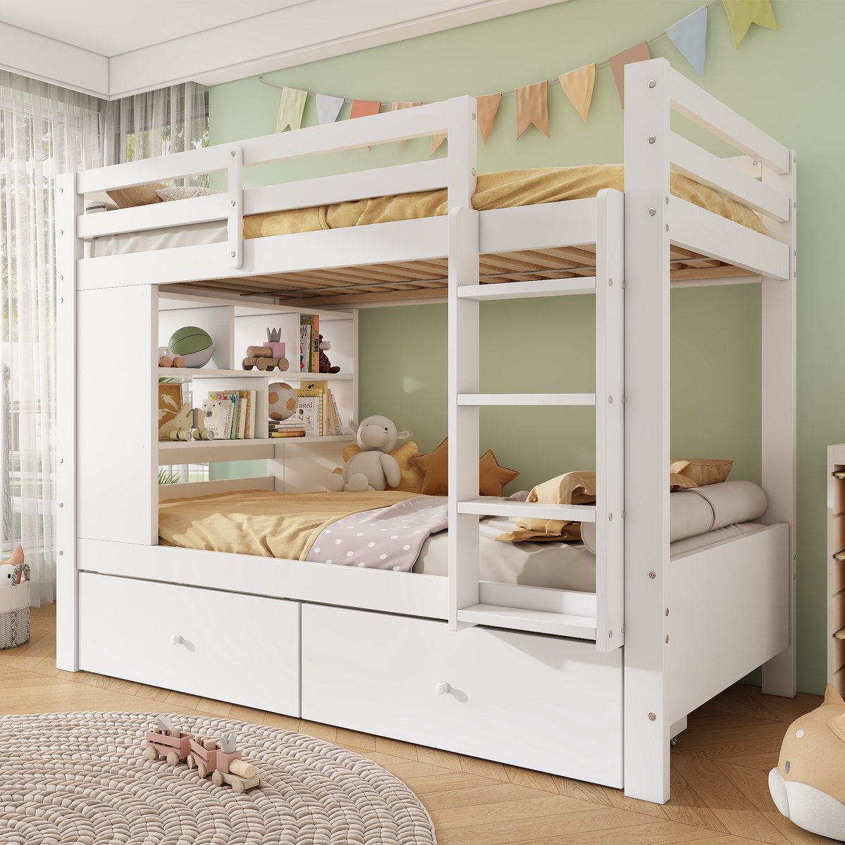 Kinderbed, Stapelbed 90X200 cm Wit, Houten Stapelbed Met 2 Lades, Open Plank En Ladder, Ruimtebesparend Stapelbed Voor 2 Kinderen