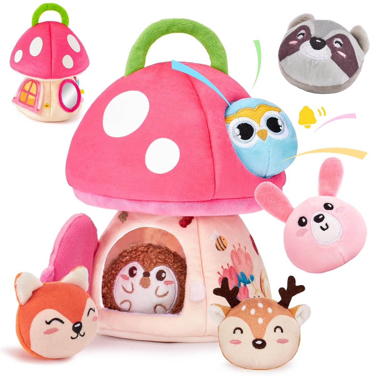 Casalora® Babyspeelgoed 6-12 Maanden – Pluche Jungle Paddenstoelenhuis – Activiteitenspeelgoed met Pluche Jungledieren, Rammelaar, Knisperpapier, Spiegel & Sensorische Speelelementen – Montessori Cadeau voor Baby's van 1 Jaar