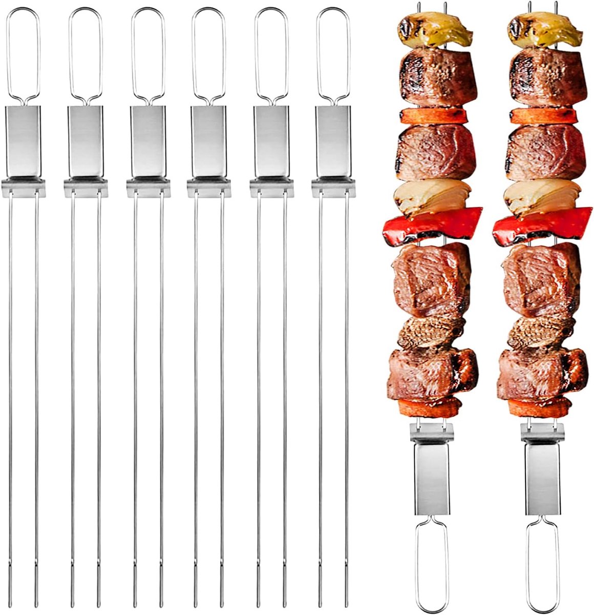 Roestvrijstalen vleesspiesen - tweepuntig en stevig - voorkomen wegglijden van vlees - voor barbecue en grill - grillaccessoires - voor barbecueliefhebbers - zilverkleurig - 33 cm - 6 stuks