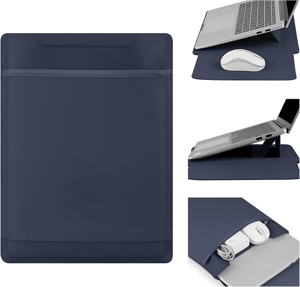Multifunctionele Laptop Sleeve - met Standfunctie - 15/16inch Laptophoes - Dunne Leder‑look Beschermhoes - Marineblauw