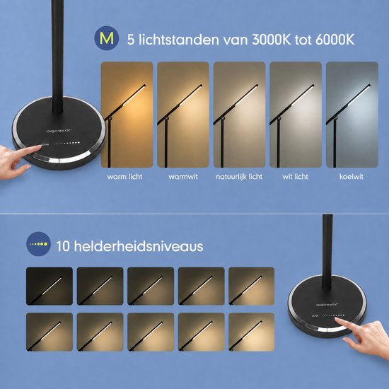Aigostar LED Bureaulamp Dimbaar - Oogvriendelijke Tafellamp met Touchbediening - 5 Lichtkleuren en 10 Helderheidsniveaus - USB Poort - Zwart van Aigostar — afbeelding 3